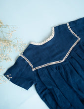 Load image into Gallery viewer, A close picture of Baby Girl Romper and Detachable Vest | Cotton | Indigo ,a baby girl dress without the vest