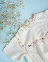 Load image into Gallery viewer, A zoomed out picture of Baby Girl Romper and Detachable Vest | Cotton | Indigo ,a baby girl dress without the vest against a blue background