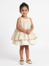 Load image into Gallery viewer, Chanderi Silk Dress for Baby Girl | Golden Stripe | Off White