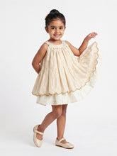 Load image into Gallery viewer, Chanderi Silk Dress for Baby Girl | Golden Stripe | Off White