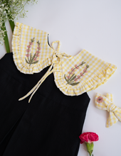 Load image into Gallery viewer, A zoomed in picture of Baby Girl Romper and Detachable Vest | Cotton Jamdani | Polka Dot,a baby girl dress with a yellow bow