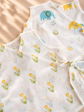 Load image into Gallery viewer, Block Printed Muslin Jablas for Newborns | Yellow Floral and Elephant Print