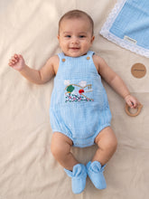 Load image into Gallery viewer, Baby Boy Gift Hamper with Cotton Romper and Swaddle | Little Meadows | Blue