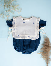 Load image into Gallery viewer, A beautiful image of Baby Girl Romper and Detachable Vest | Cotton | Indigo against a blue surface