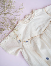 Load image into Gallery viewer, A zoomed out picture of Baby Girl Romper and Detachable Vest | Cotton Jamdani | Polka Dot ,a baby girl dress without the vest against pink background