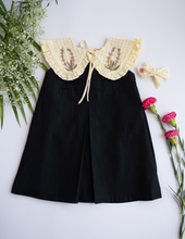 Load image into Gallery viewer, A picture of Baby Girl Romper and Detachable Vest | Cotton Jamdani | Polka Dot,a baby girl dress where in the collar is yellow in color