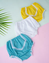 Load image into Gallery viewer, Organic Cotton Mul Baby Bloomers | Lace Diaper Cover| White