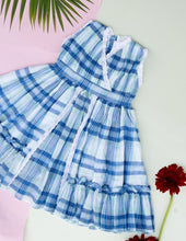 Load image into Gallery viewer, Classic Blue Check Lace Dress for Girls | Mul Cotton Frock