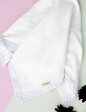 Load image into Gallery viewer, Lace-Trimmed Organic Cotton Swaddle Blanket | White