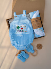 Load image into Gallery viewer, Baby Boy Gift Hamper with Cotton Romper and Swaddle | Little Meadows | Blue