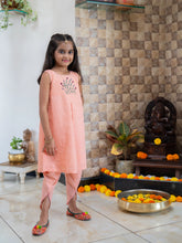Load image into Gallery viewer, Cotton Girls Kurta Set | Embroidered Top and Tulip Pant | Orange and Pink Stripe