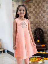 Load image into Gallery viewer, Cotton Girls Kurta Set | Embroidered Top and Tulip Pant | Orange and Pink Stripe