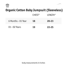 Load image into Gallery viewer, Size chart of organic cotton baby jumpsuit.