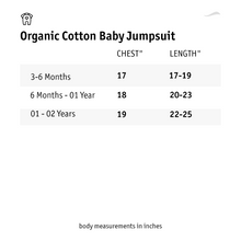Load image into Gallery viewer, A size chart of organic cotton baby jumpsuit.