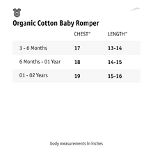 Load image into Gallery viewer, Size chart of organic cotton baby romper.