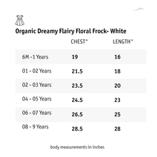 Load image into Gallery viewer, A size chart of organic dreamy fairy floral white frock.