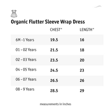 Load image into Gallery viewer, A size chart of organic flutter sleeve wrap dress.