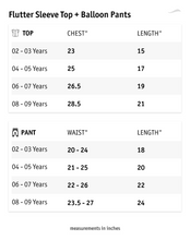 Load image into Gallery viewer, Size sheet for the appropriate years with width and length for flutter sleeve top and balloon pants.