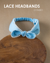 Load image into Gallery viewer, Blue color Lace headband as hair accessories is placed on a brown table with a text written on the top.