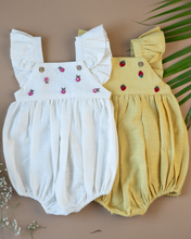 Load image into Gallery viewer, A cute pair of romper with some strawberry embroidery on it with some leaf and flower aside.
