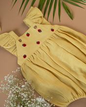 Load image into Gallery viewer, A cute romper with some strawberry embroidery on it with some leaf and flower aside.