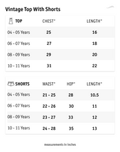Load image into Gallery viewer, A size chart of Vintage top with shorts.