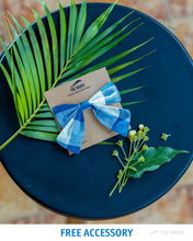 Load image into Gallery viewer, A beautiful bow hair accessory kept upon a blue plate and leaf with some flower aside.