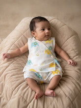 Load image into Gallery viewer, Block Printed Muslin Jablas for Newborns | Yellow Floral and Elephant Print
