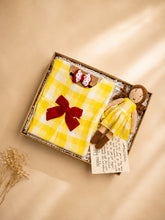 Load image into Gallery viewer, Yellow Check Rakhi Gift Hamper for Sister - Vintage Dress &amp; Handmade Doll
