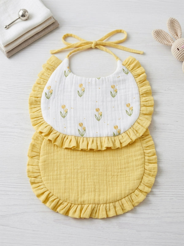 Baby Muslin Ruffled Bibs | Set of Two | Yellow and Floral