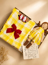 Load image into Gallery viewer, Yellow Check Rakhi Gift Hamper for Sister - Vintage Dress &amp; Handmade Doll
