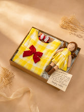 Load image into Gallery viewer, Yellow Check Rakhi Gift Hamper for Sister - Vintage Dress &amp; Handmade Doll
