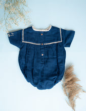 Load image into Gallery viewer, A zoomed out  picture of Baby Girl Romper and Detachable Vest | Cotton | Indigo ,a baby girl dress without the vest
