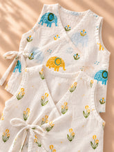 Load image into Gallery viewer, Block Printed Muslin Jablas for Newborns | Yellow Floral and Elephant Print
