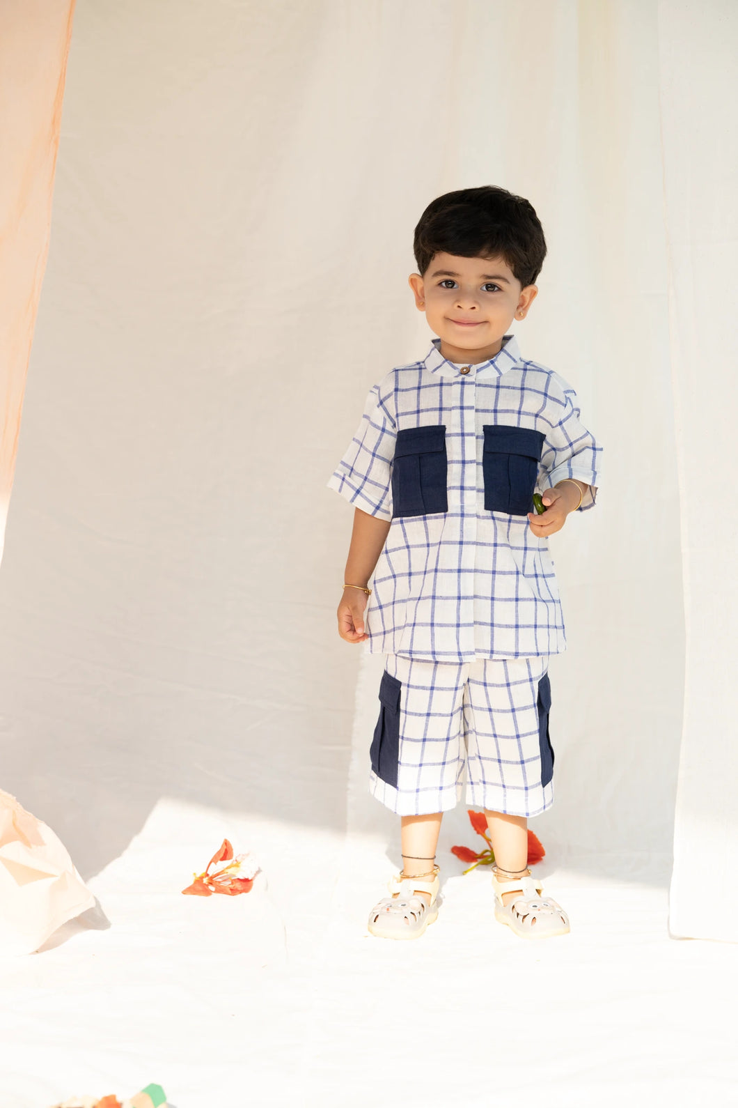 Handwoven Cotton Co-ord set with Patch Pocket | Boys/Girls | Indigo Checkmate