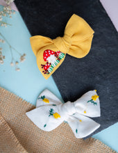 Load image into Gallery viewer, Cotton Linen Hair Bow Clip for Girls | Mushroom | Yellow
