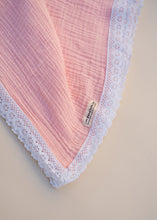 Load image into Gallery viewer, Organic Muslin Baby Swaddle/Blanket With Lace | Soft Pink Dream Wrap
