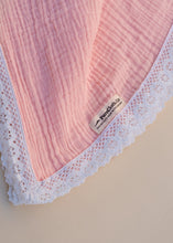 Load image into Gallery viewer, Organic Muslin Baby Swaddle/Blanket With Lace | Soft Pink Dream Wrap
