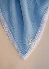 Load image into Gallery viewer, Organic Muslin Baby Swaddle/Blanket With Lace | Soft Blue Snuggle Wrap
