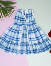 Load image into Gallery viewer, Classic Blue Check Lace Dress for Girls | Mul Cotton Frock
