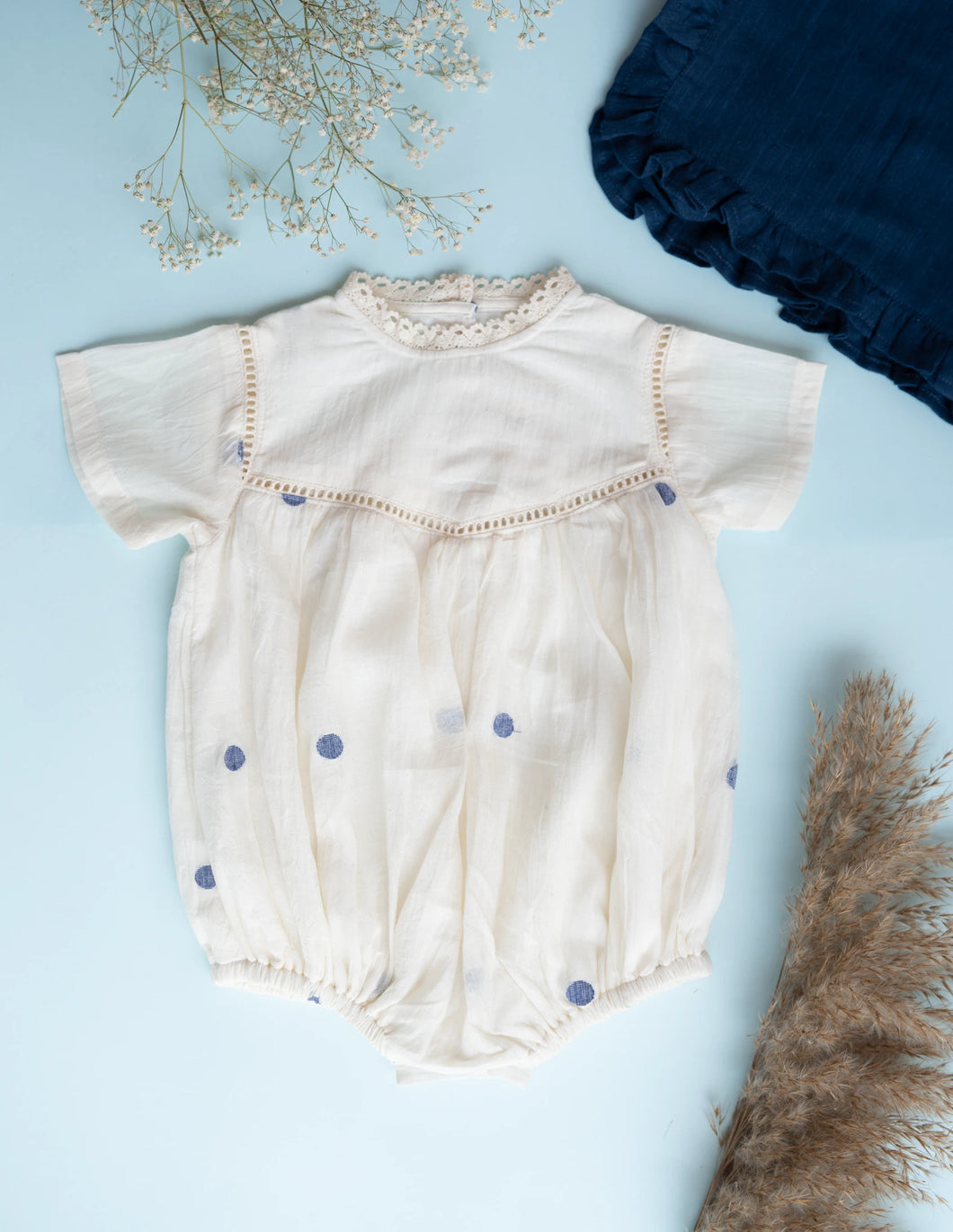 A full size picture of Baby Girl Romper and Detachable Vest | Cotton Jamdani | Polka Dot, baby girl dresses