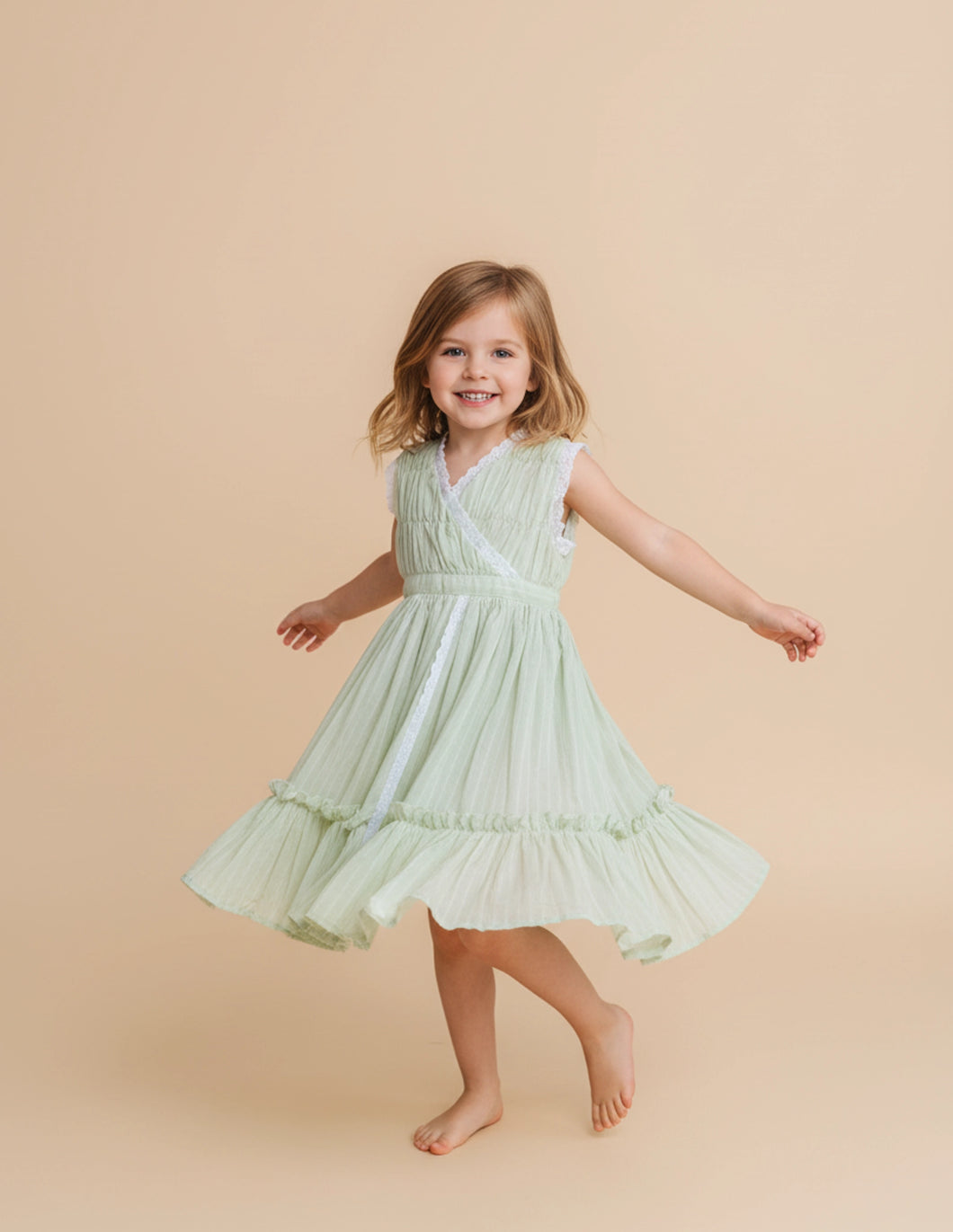 Classic Lace Dress for Girls - Green Stripe - Mul Cotton Frock
