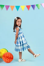 Load image into Gallery viewer, Classic Blue Check Lace Dress for Girls | Mul Cotton Frock
