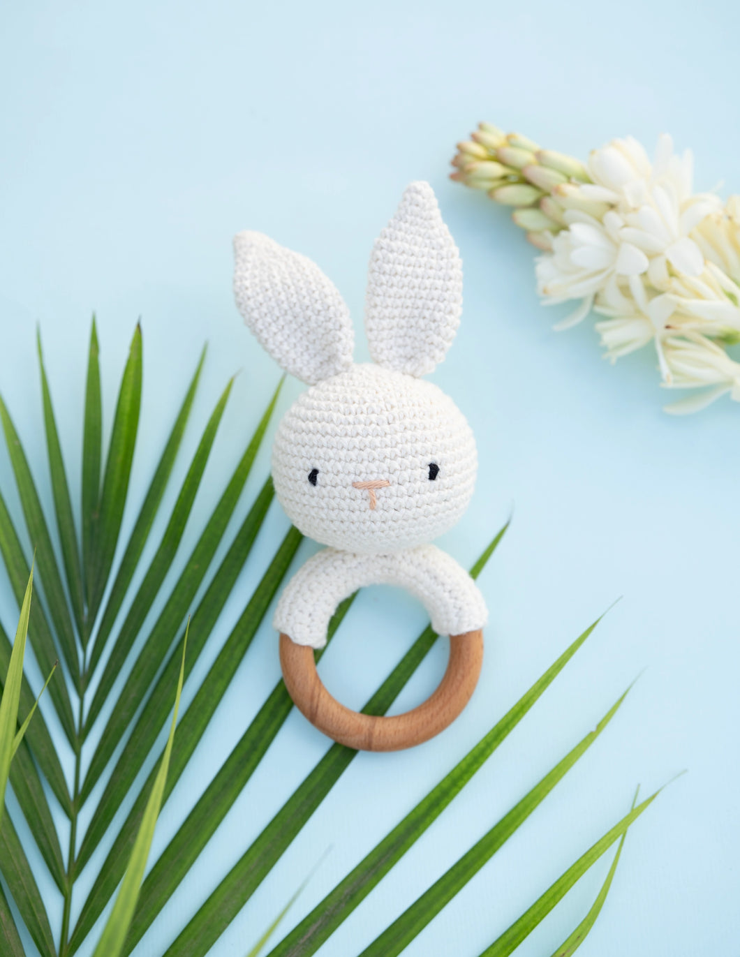 TimberTots Crochet Bunny Rattle | Wooden Baby Teether