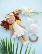 Load image into Gallery viewer, TimberTots Crochet Bunny Rattle | Wooden Baby Teether
