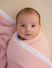 Load image into Gallery viewer, Organic Muslin Baby Swaddle/Blanket With Lace | Soft Pink Dream Wrap
