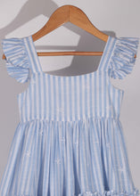 Load image into Gallery viewer, Blue and white striped dress with ruffled sleeves on a wooden hanger against a gray background
